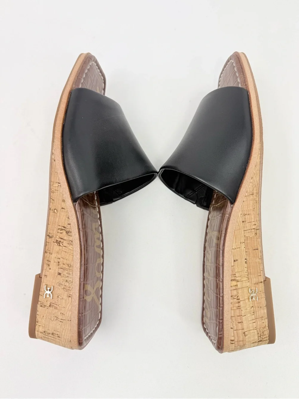 Sam Edelman VALERY Black Leather Padded Footbed Cork Wedge Slide Sandals